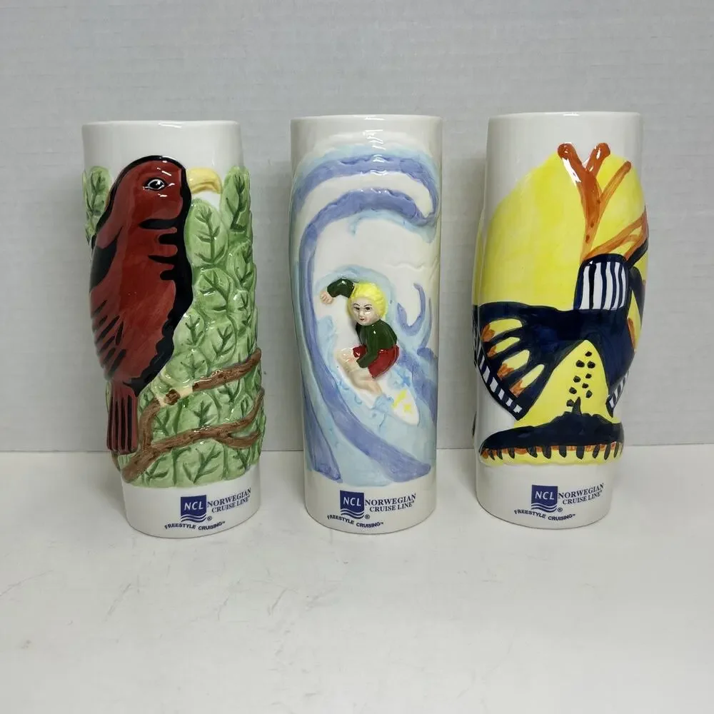Vtg NCL Norwegian Cruise Line Tiki Mug 3pc Set-Surfer, Red Bird, Fish-Ceramic